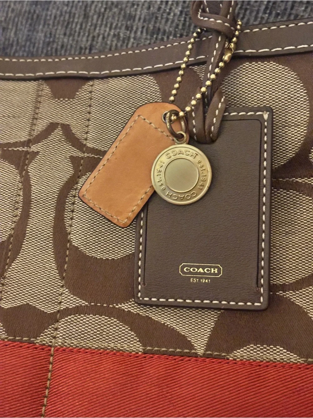 Coach Signature Stripe Tote 10124 Classic Brown Tan Orange